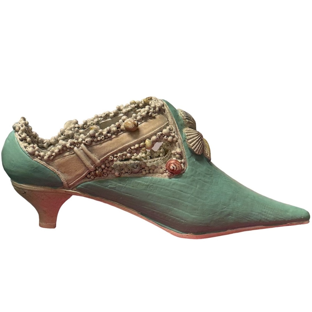 C2C Cold Cast Porcelain Pointed High Heel Figurine Seashell Textured Aqua Finish